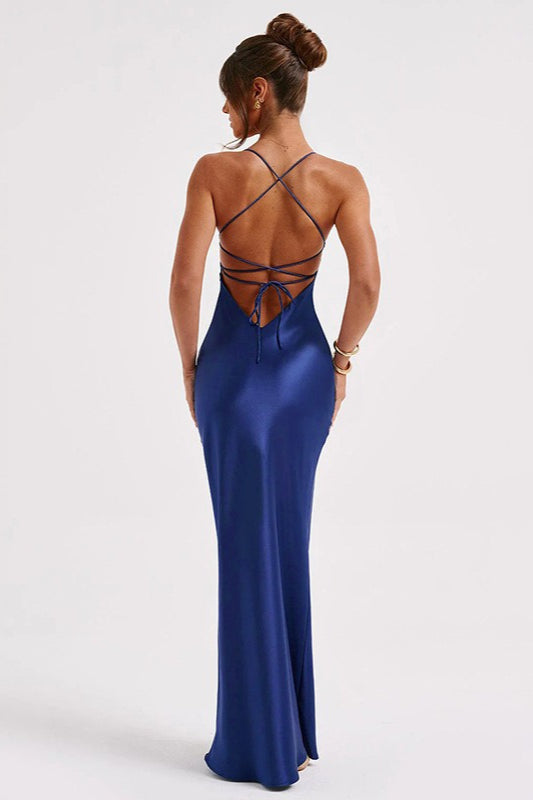 Satin Scoop-Neck Lace-Up Open-Back Maxi Dress 8