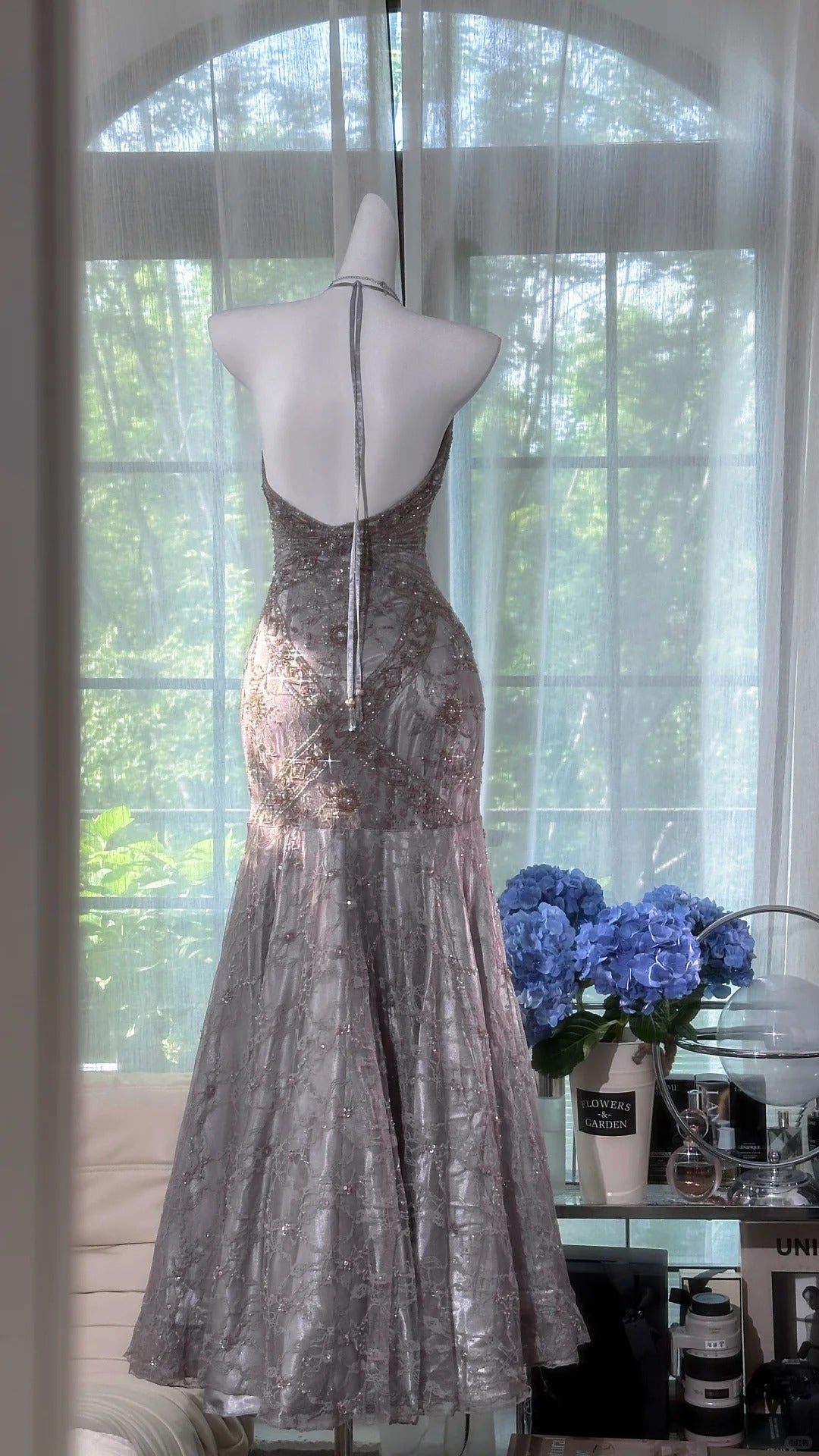 Vintage Silver-grey Mermaid Backless Beaded Lace Long Prom Dress Evening Dress P4036
