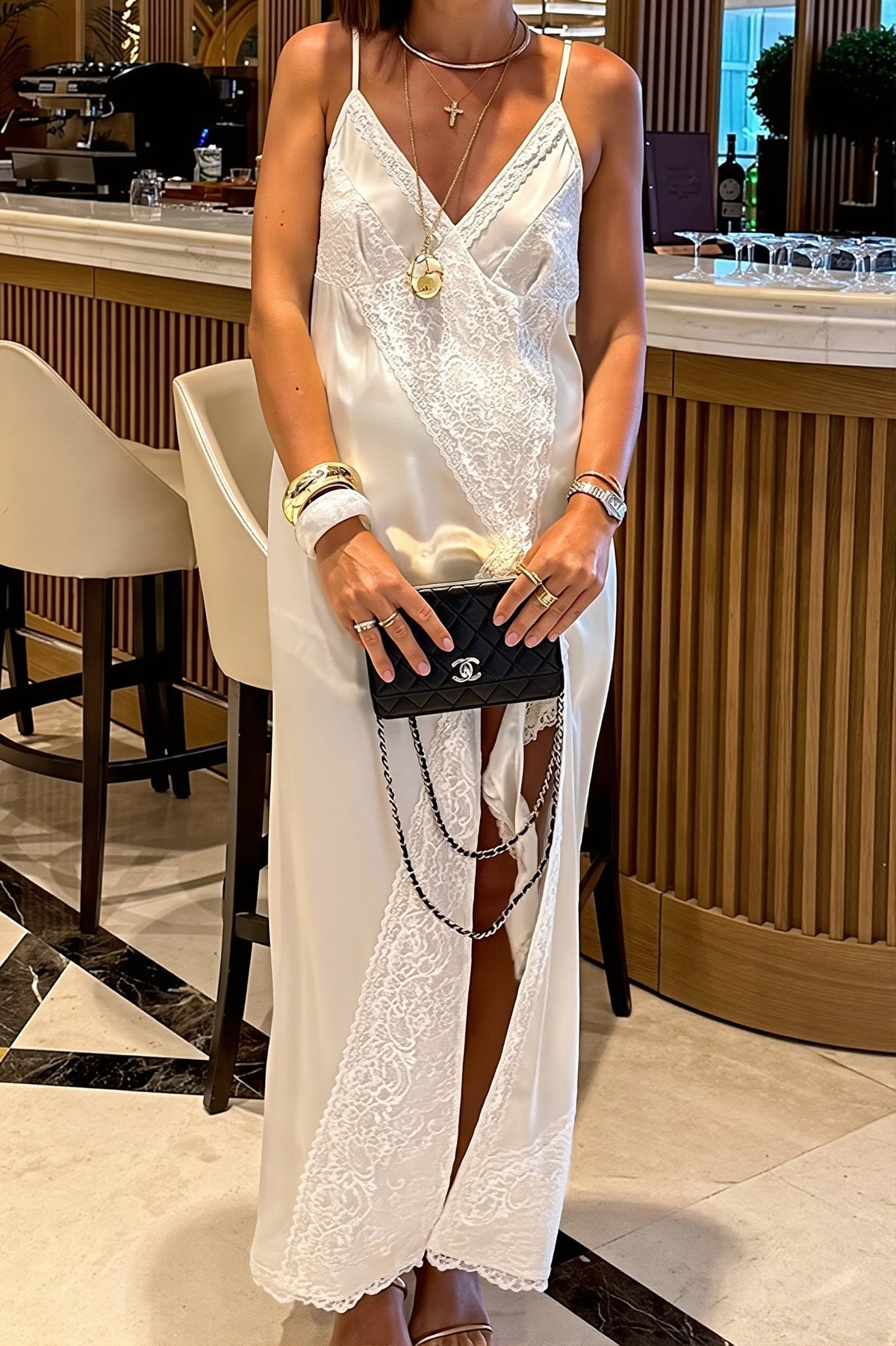 Satin Lace Trim V-Neck High Split Slip Maxi Dress