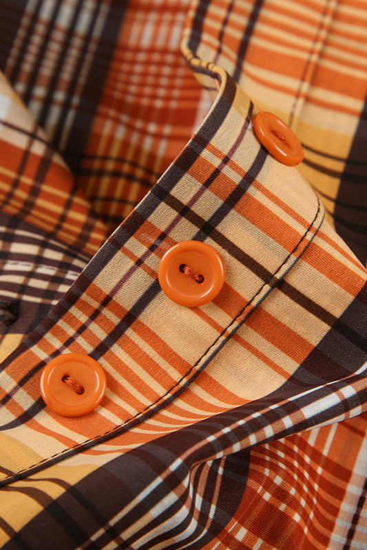 Plaid Fitted Waist Tie Neck Short Button Front Blouse