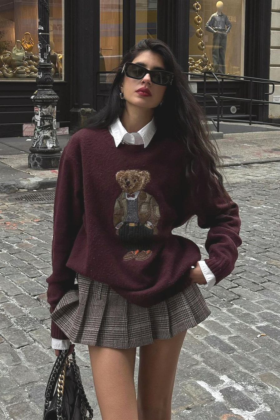Retro Bear Embroidered Slim Knit Sweater