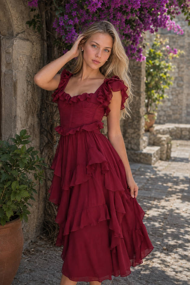 Square Neck Ruffle Tiered Chiffon Midi Dress