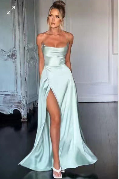 Satin Cowl Neck Spaghetti Strap High Split Maxi Formal Dress - View 10