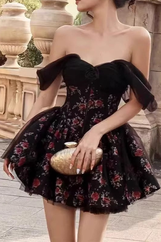 Off Shoulder Bubble Sleeve Floral Mini Dress - View 2