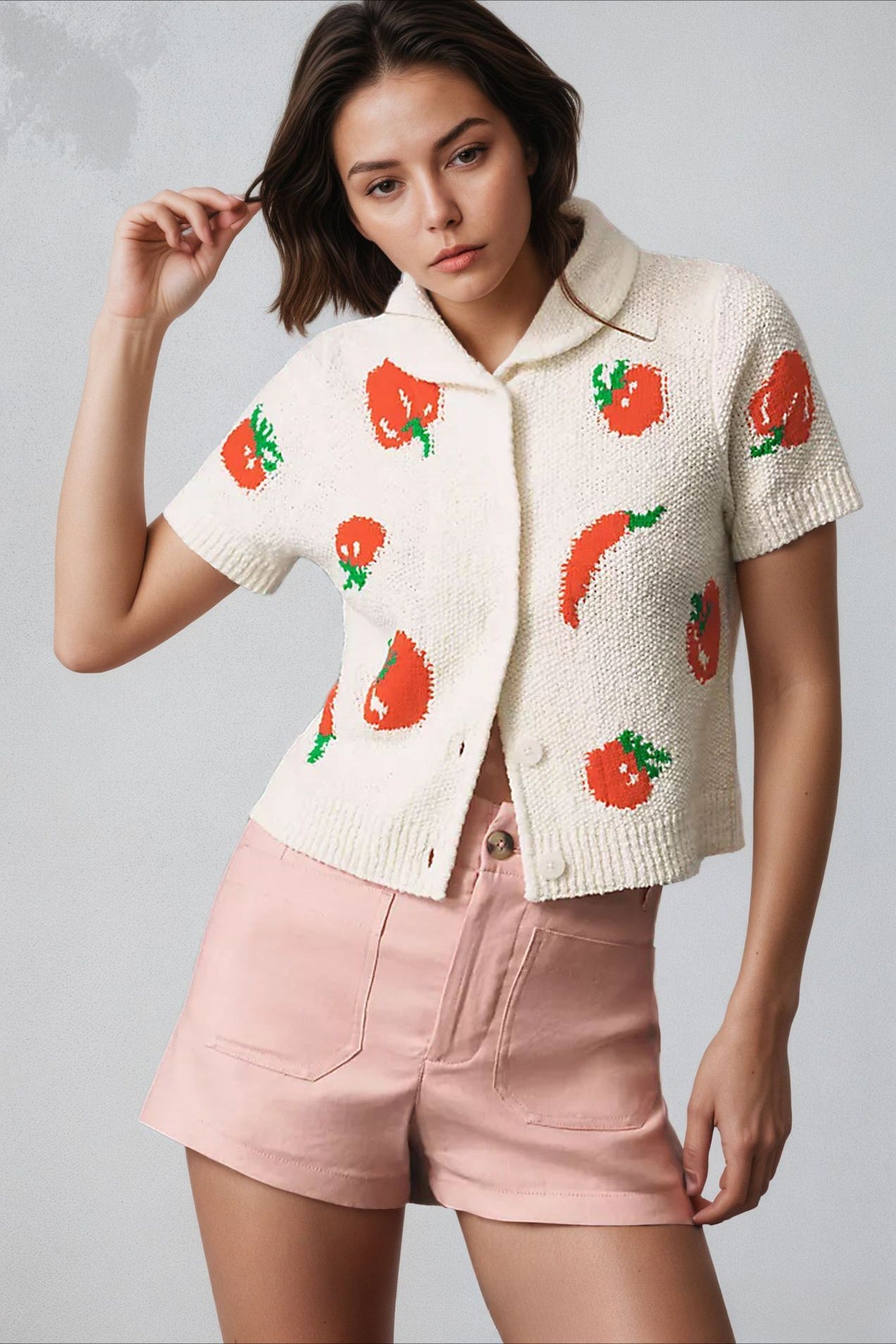 Elegant Jacquard Knit Cardigan with Short Sleeves for Style