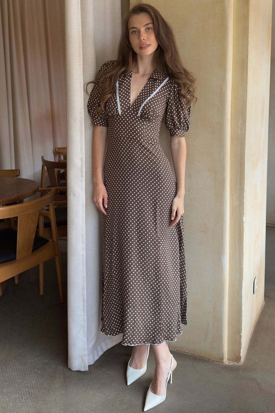 Polka Dot Collared V-Neck Puff Sleeve Midi Dress