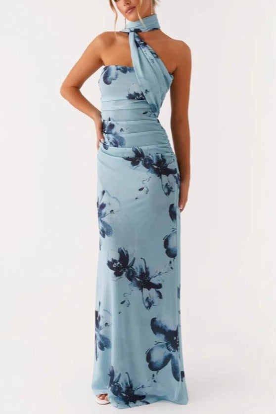 Floral Print Halter Neck Ruched Mermaid Maxi Gown 2