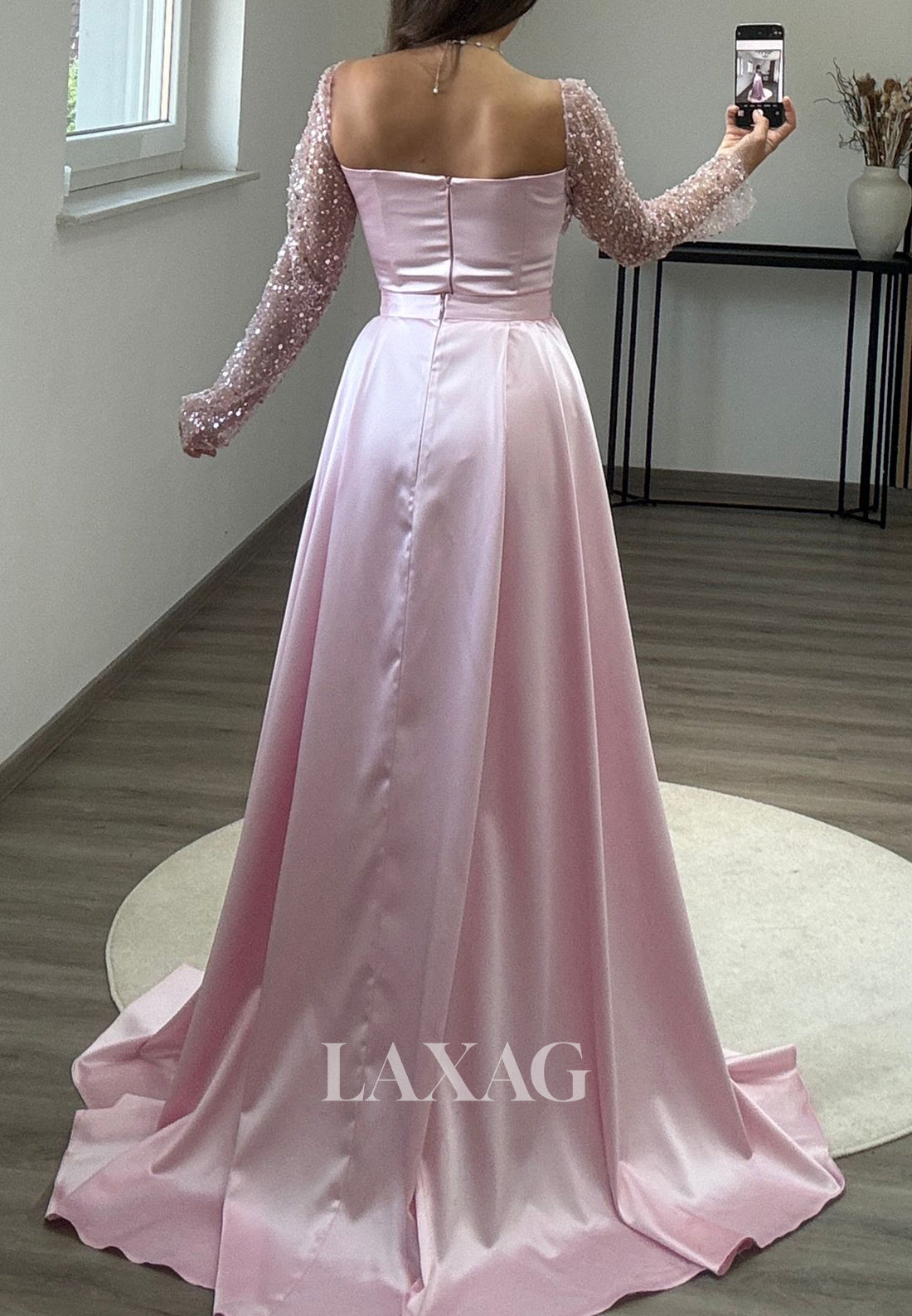 Long Sleeves Square-Nck Pleated Party Gowns Beaded Sequined Mermaid Prom Dress with Overskirt