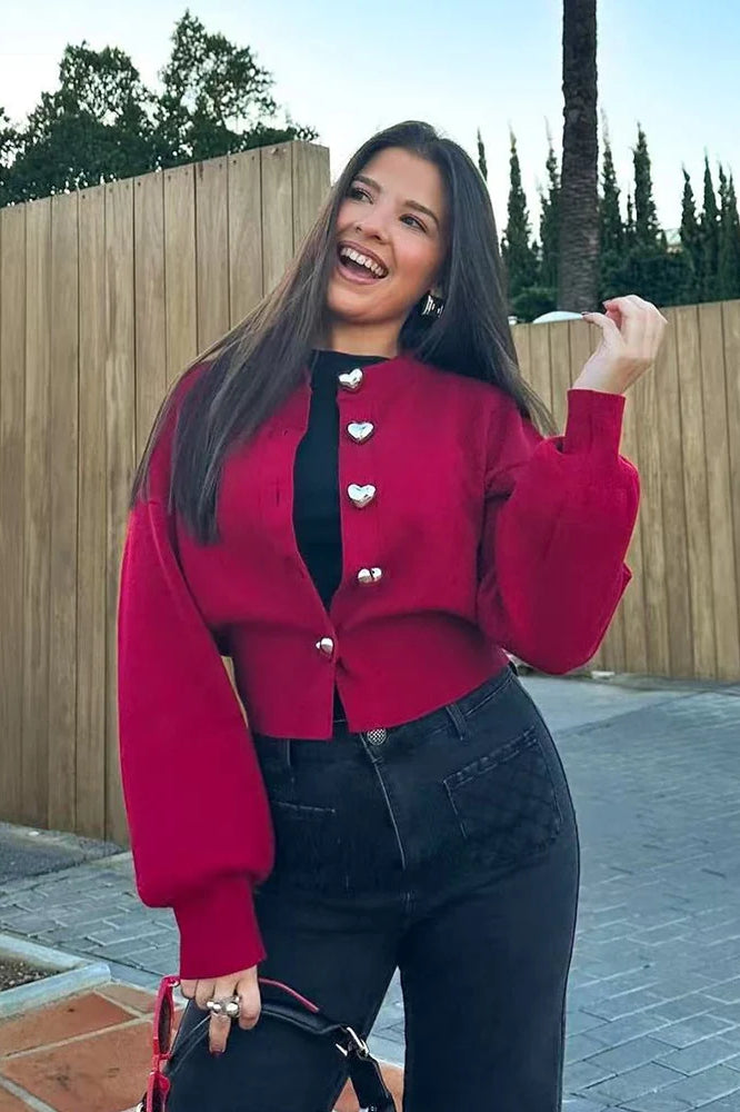 Knit O-Neck Heart Button Sweater