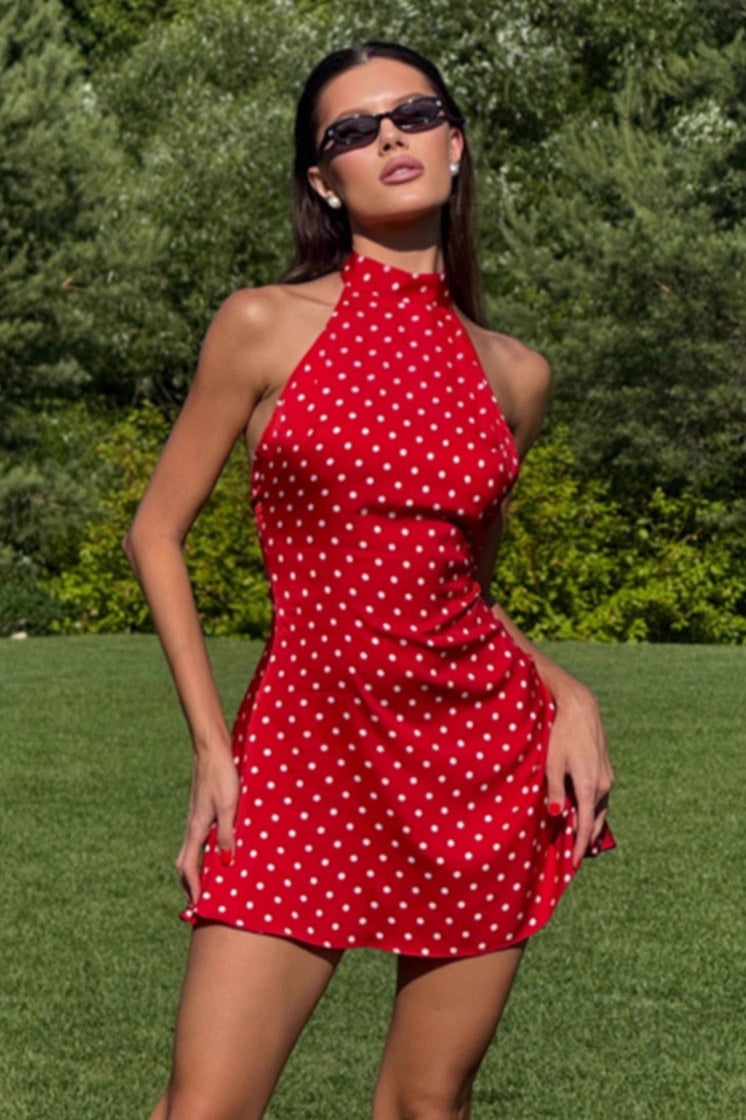 Polka Dot Halter Neck Backless Flared Mini Dress