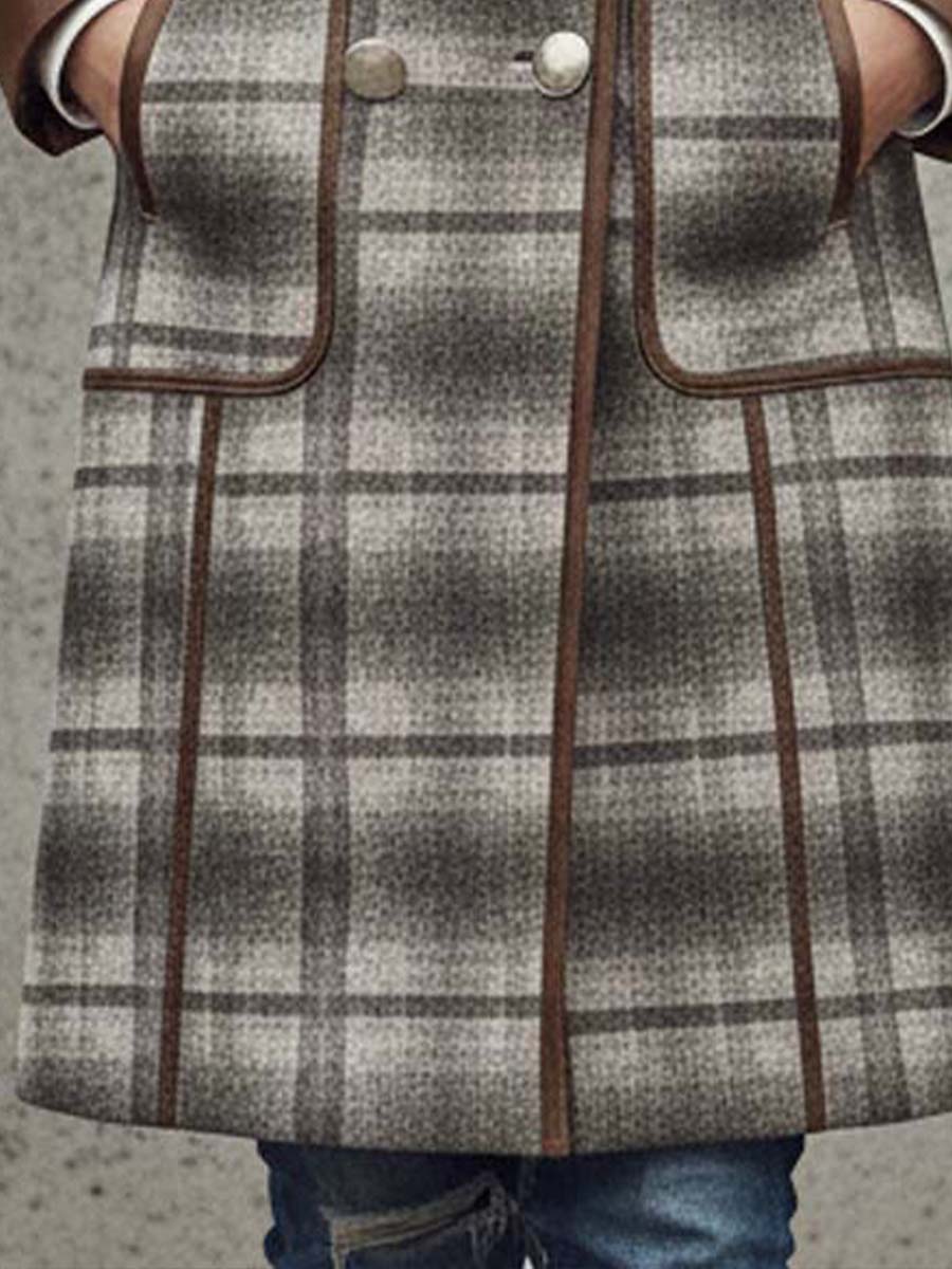 Plaid Print Faux Suede Coat With Leather Trim - Fashionpara