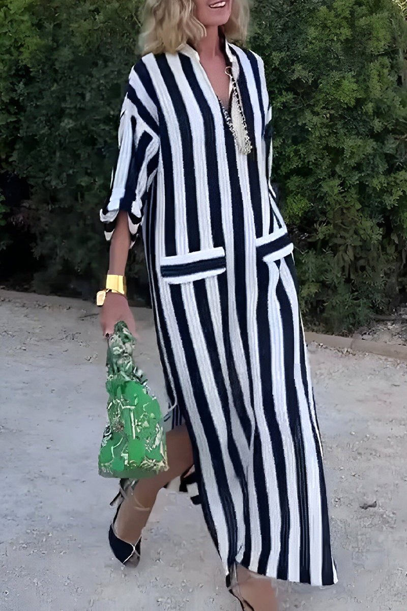Stripe Print V-Neck Stand Collar Patch Pocket High Split Maxi Dress - View 2