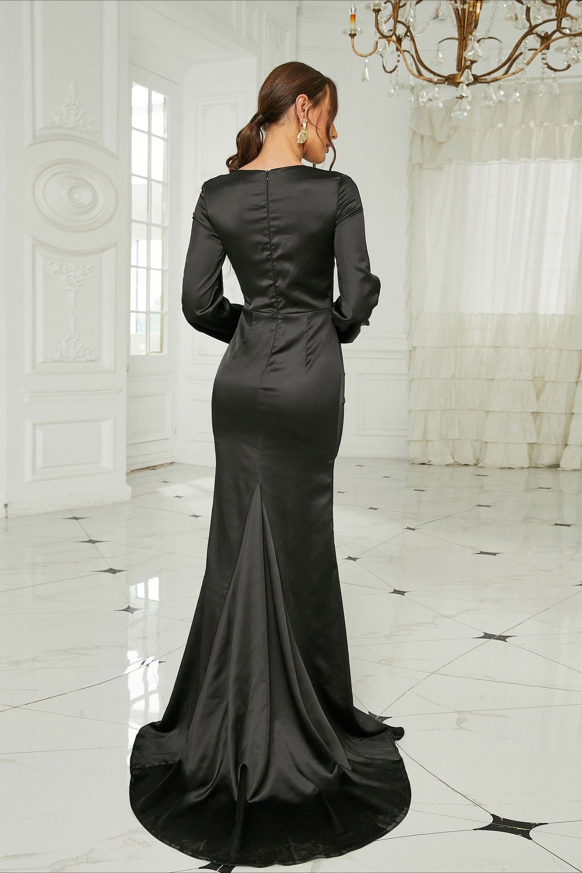 Satin Crew Neck Long Sleeve Ruched High Split Mermaid Gown - View 3