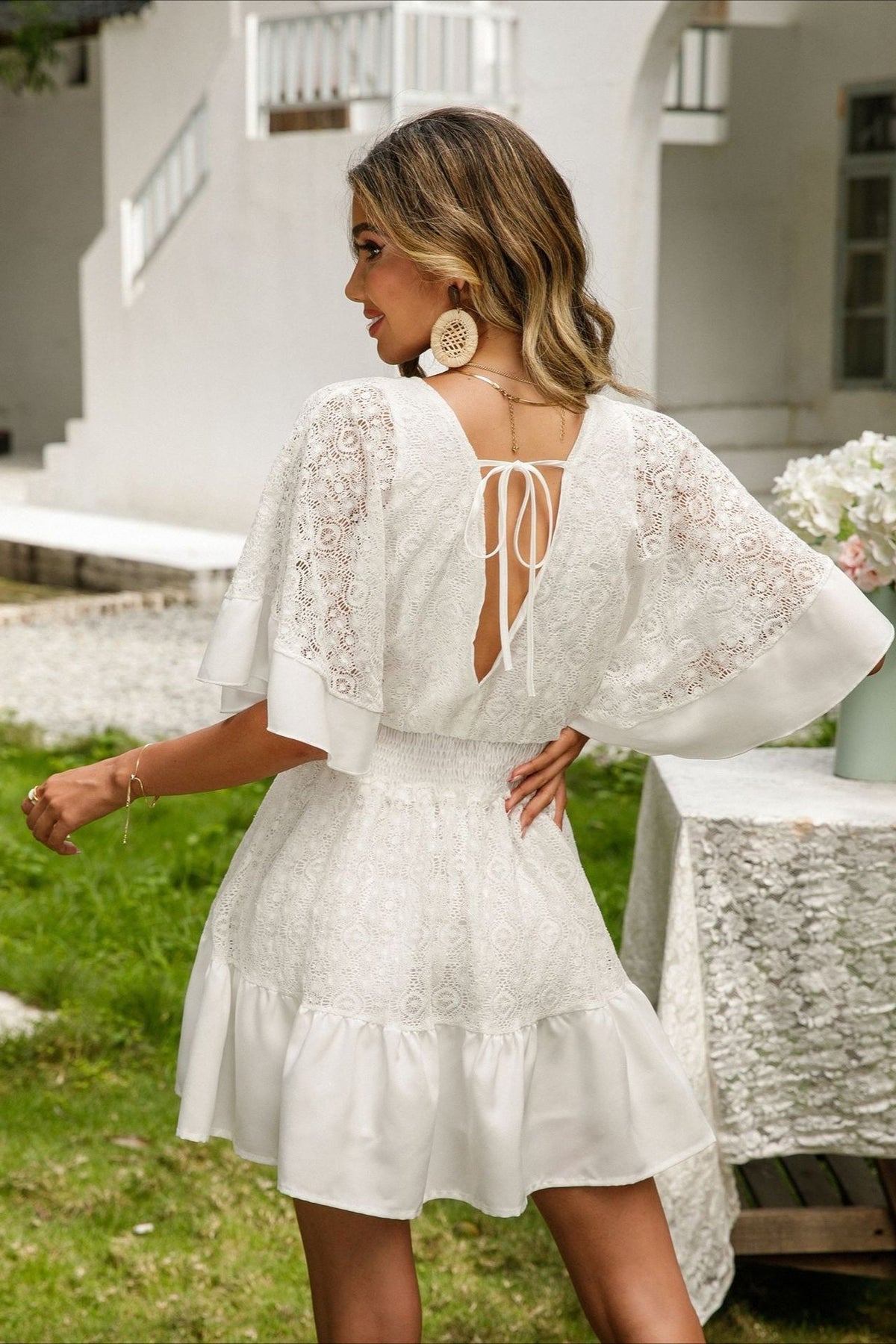 Lace V-Neck Flutter Sleeve Tiered Ruffle Mini Dress 2