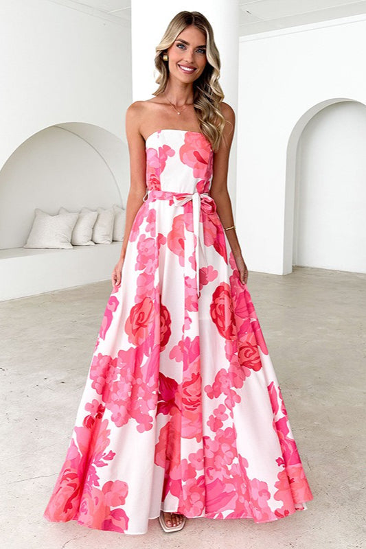 Floral Print Strapless Belted A-Line Maxi Dress