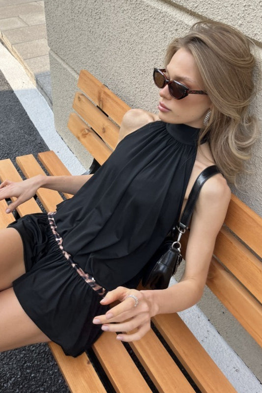 Satin Halter High Neck Blouson Leopard Trim Mini Dress
