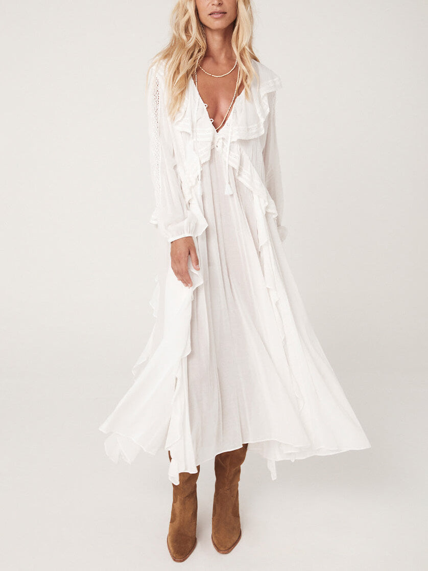 New Vintage Lace Lantern Sleeve Robe Dress - Fashionpara