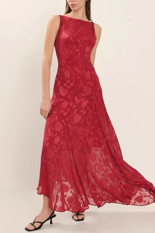 Floral Burnout Boat Neck Sleeveless A-Line Maxi Dress