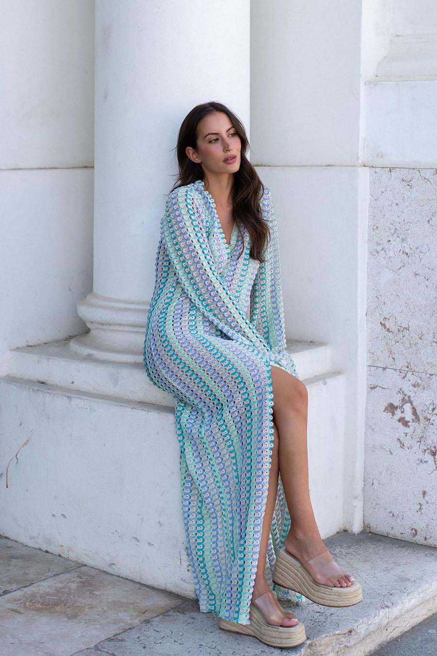 Crochet Deep V-Neck Long Sleeve Striped Boho Maxi Dress - View 25
