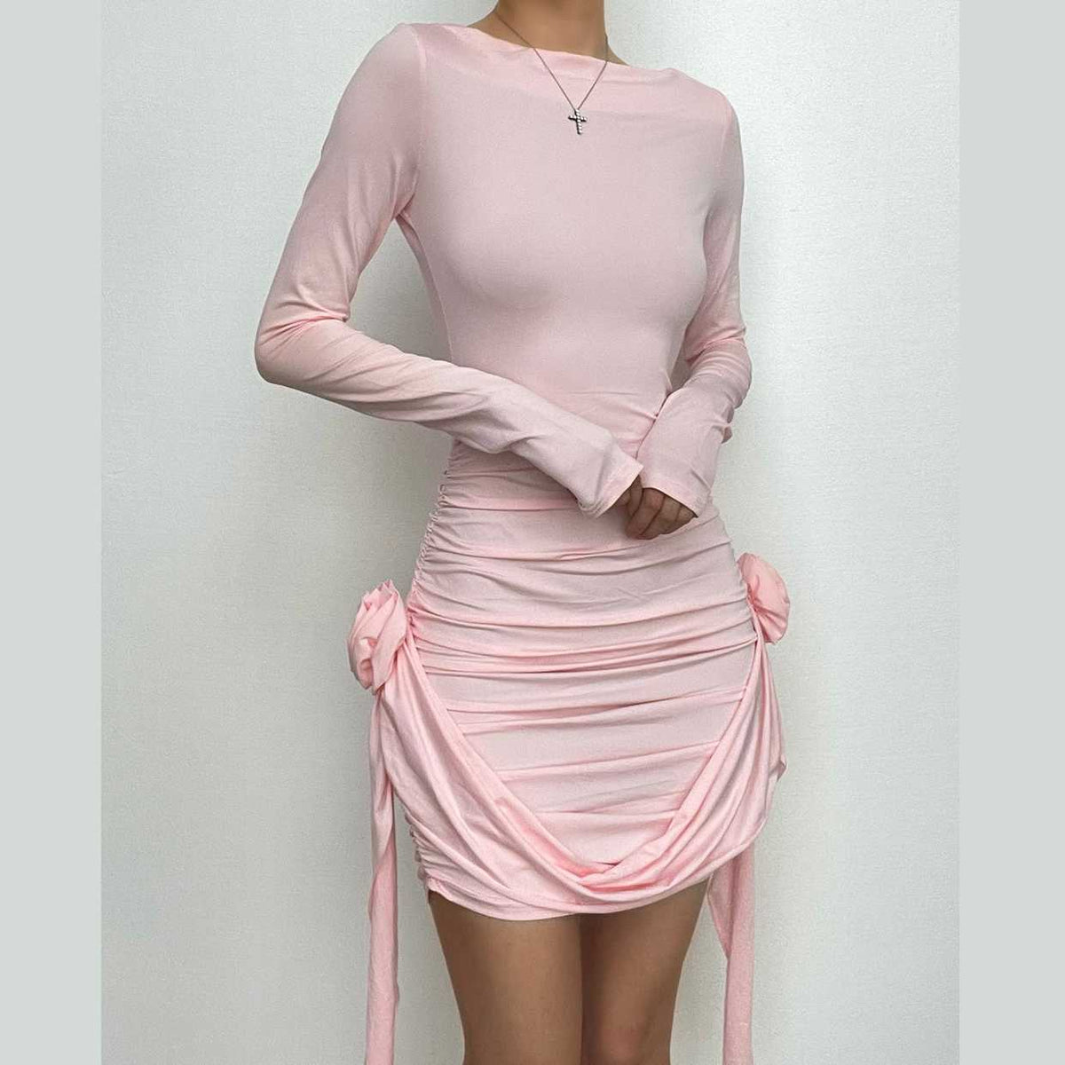 Boat Neck Long Sleeve Ruched Rosette Draped Bodycon Mini Dress