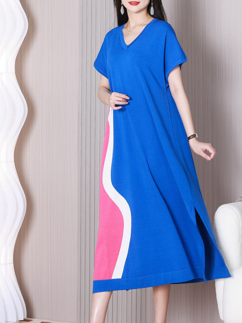 Colourblock V-Neck Short Sleeve Knit Midi Dress 3