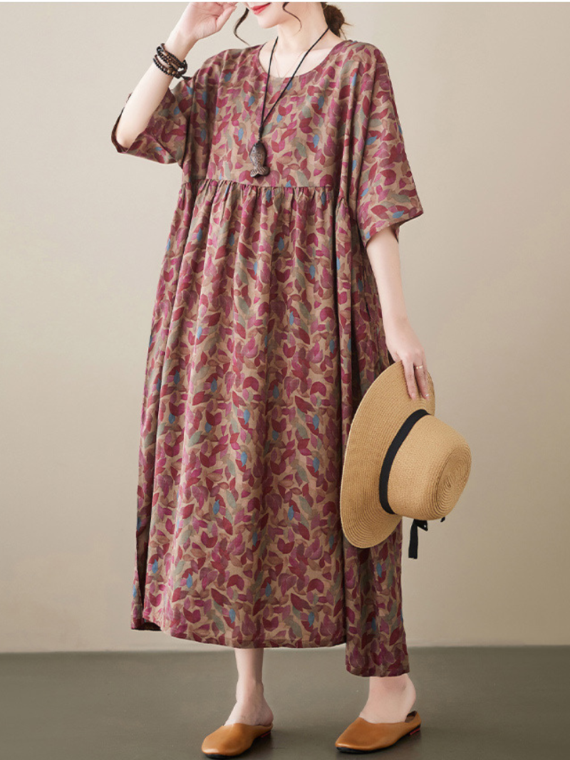 Leaf Print Round Neck Pleated Smock Midi Dress 3