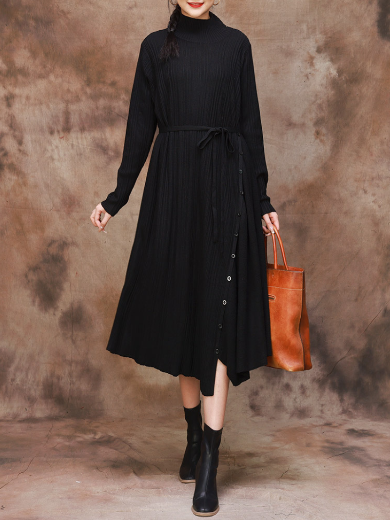 Solid Color Collar A-Line Dress with Thin Belt for Women - Fashionpara