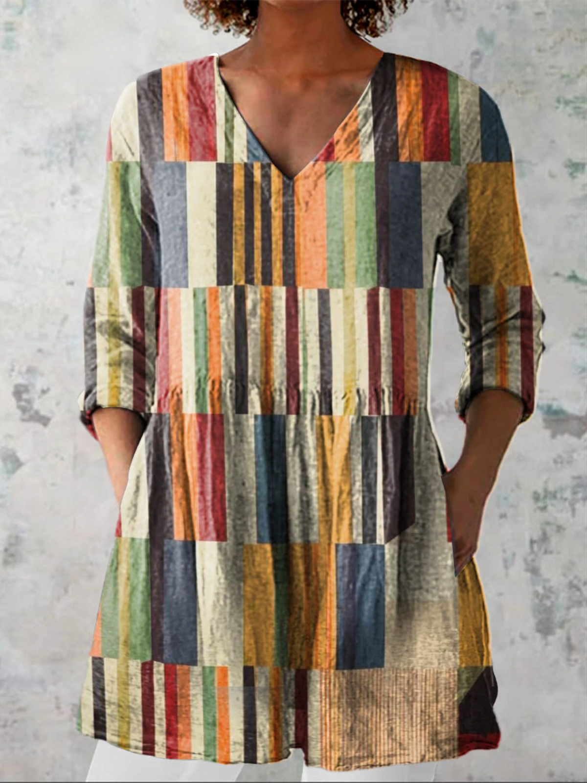 Striped Patchwork Print V-Neck Long Sleeve Tunic Blouse