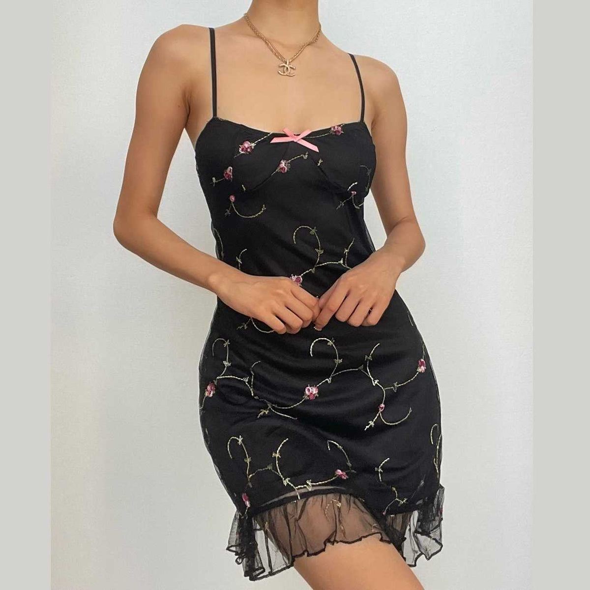 Satin Floral Embroidery Sweetheart Spaghetti Strap Mini Dress