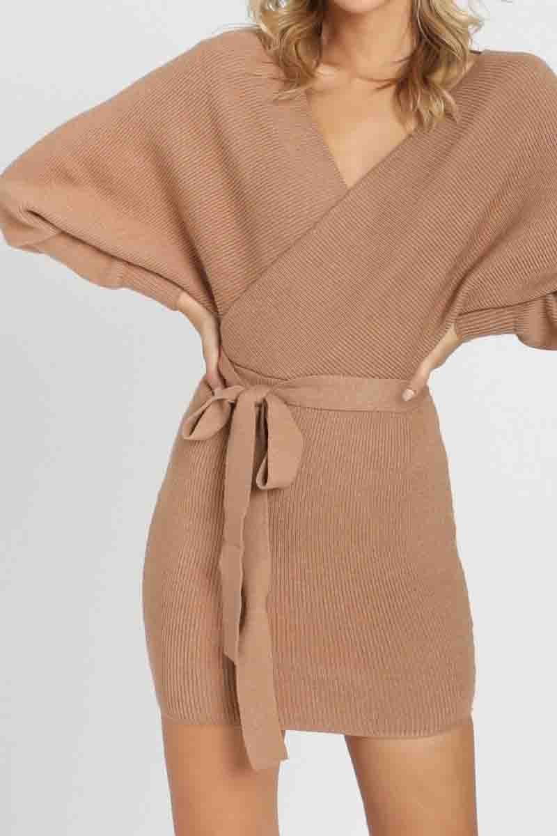V Neck Knit Sweater Dress(3 Colors)  Fashionpara