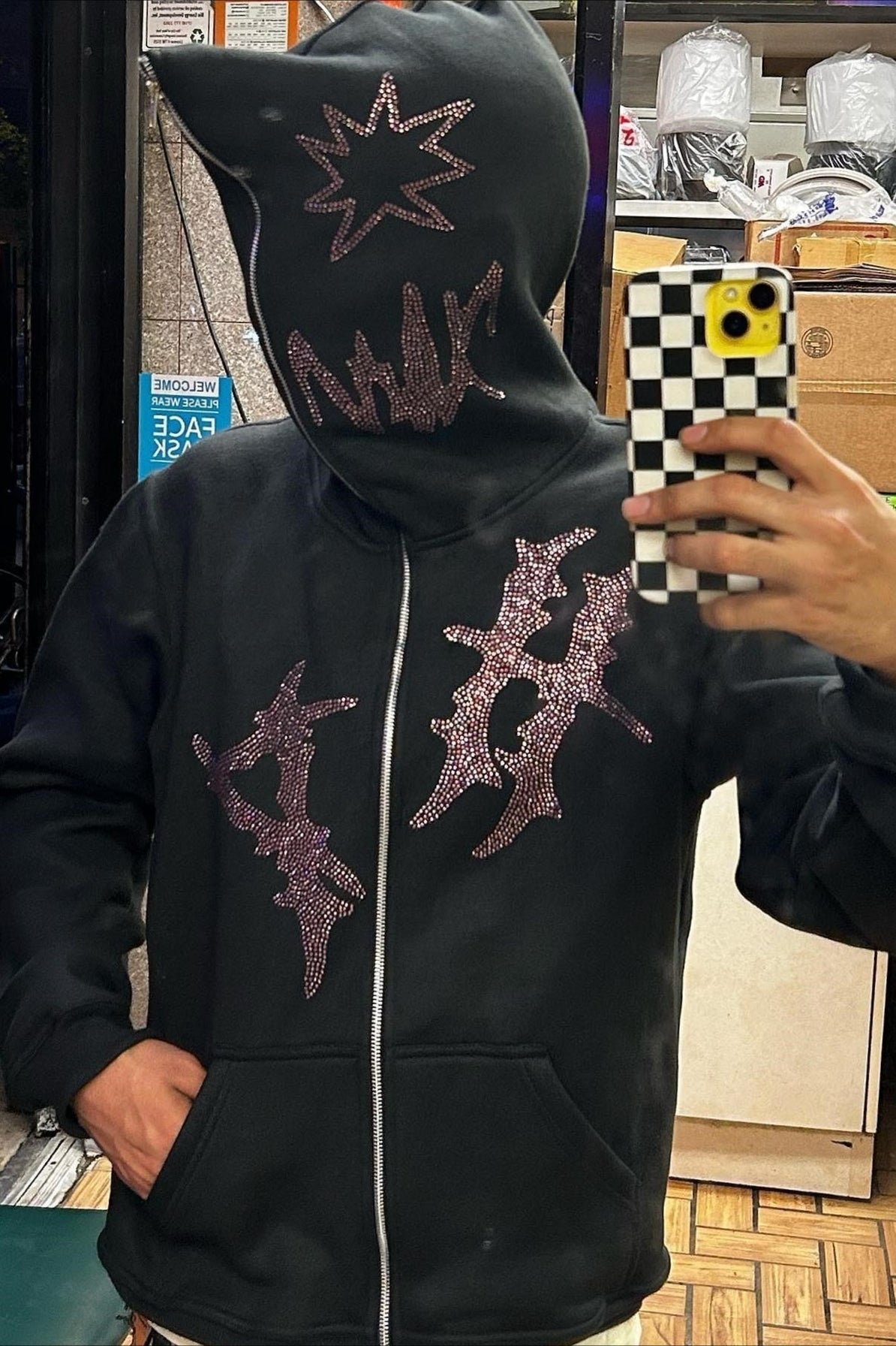Pink Rhinestone Graphic Zip Hoodie 2