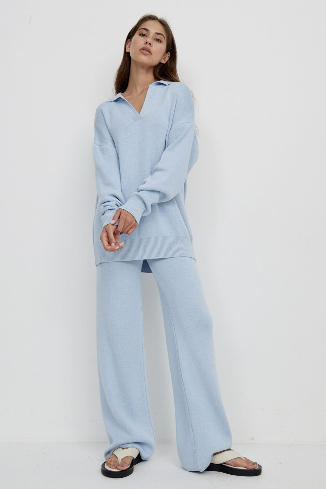 Polo Collar Knit Pullover Wide-Leg Pants Two Piece Set