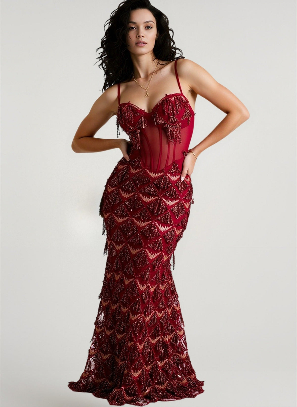 Sequin Fringe Corset Sweetheart Mermaid Gown 3