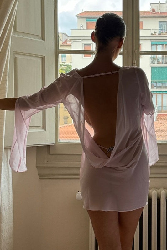 Sheer Backless Cowl Neck Mini Dress