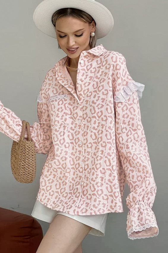 Pink Leopard Linen Blouse - Fashionpara