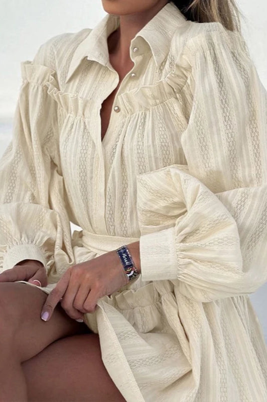 Striped Ruffle Long Sleeve Belted Shirt Dress 13