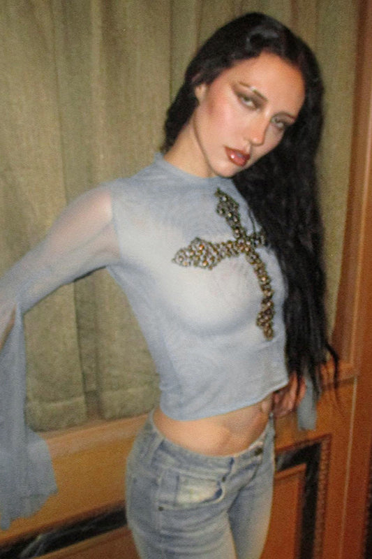 Mesh Panel Gold Print T-shirt