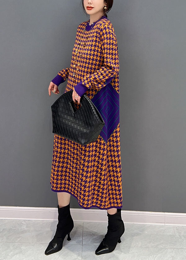 Houndstooth Mock Neck Long Sleeve Side Panel Knit Midi Dress - View 3