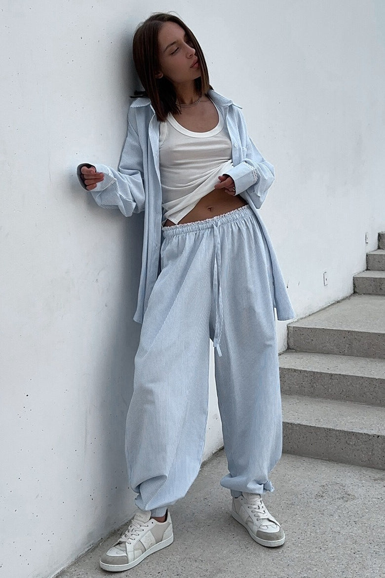 Striped Button Shirt Tie Waist Pants Set