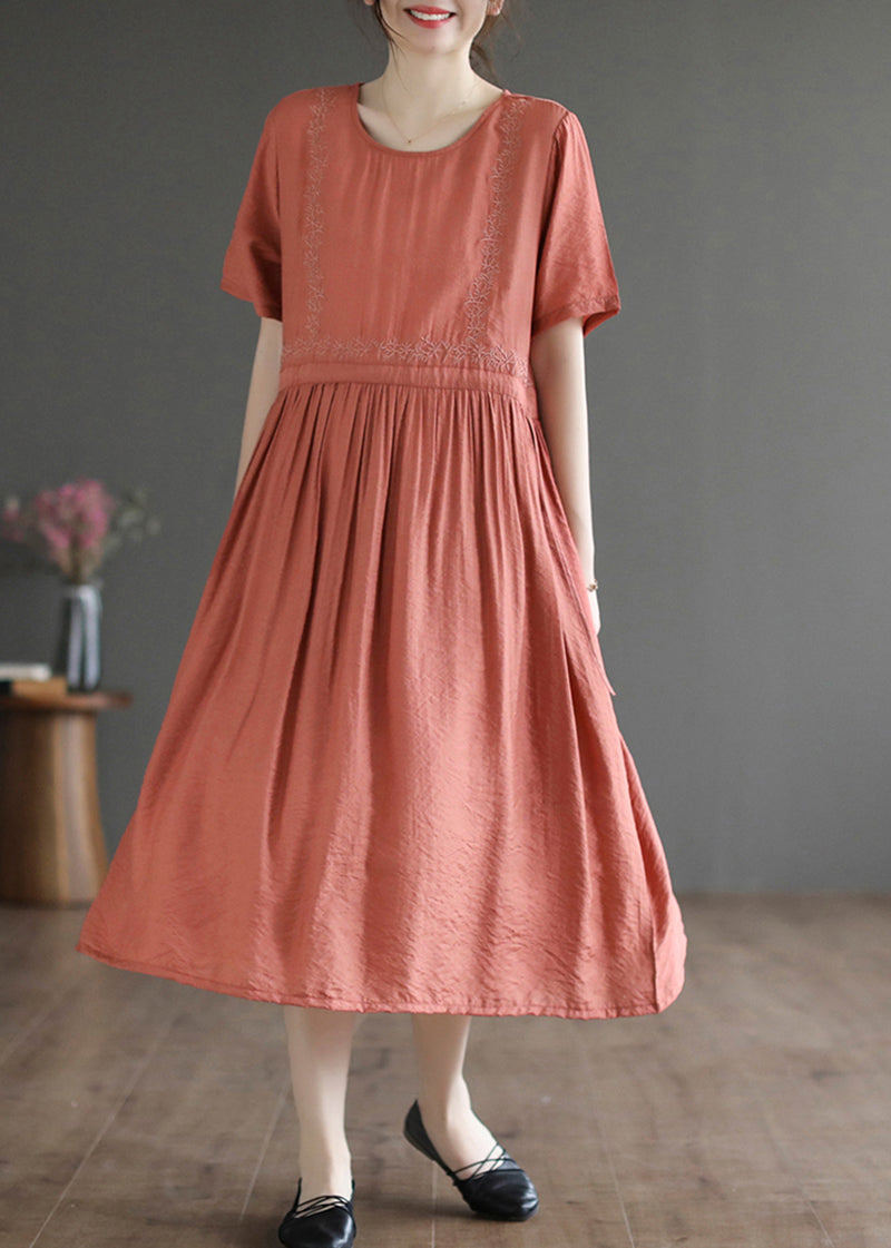 Embroidered Panel Round Neck Short Sleeve Gathered Midi Dress - View 3