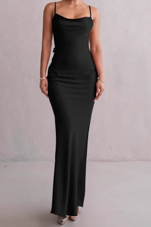 Satin Cowl Neck Spaghetti Strap Column Maxi Dress
