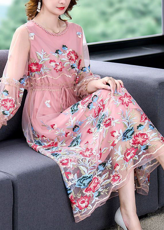 Floral Embroidery Mesh Overlay Bishop Sleeve A-Line Midi Dress