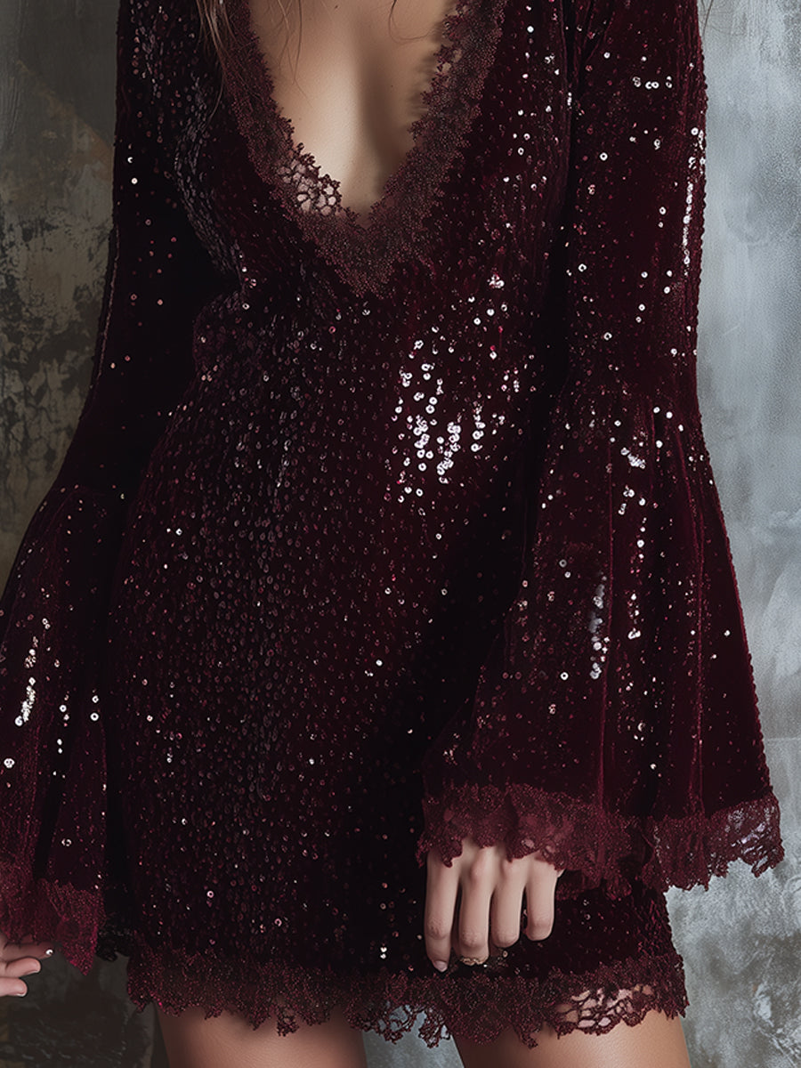 Quiet Luxury Party Sequined Lace Trumpet Sleeve Mini Dress - Fashionpara