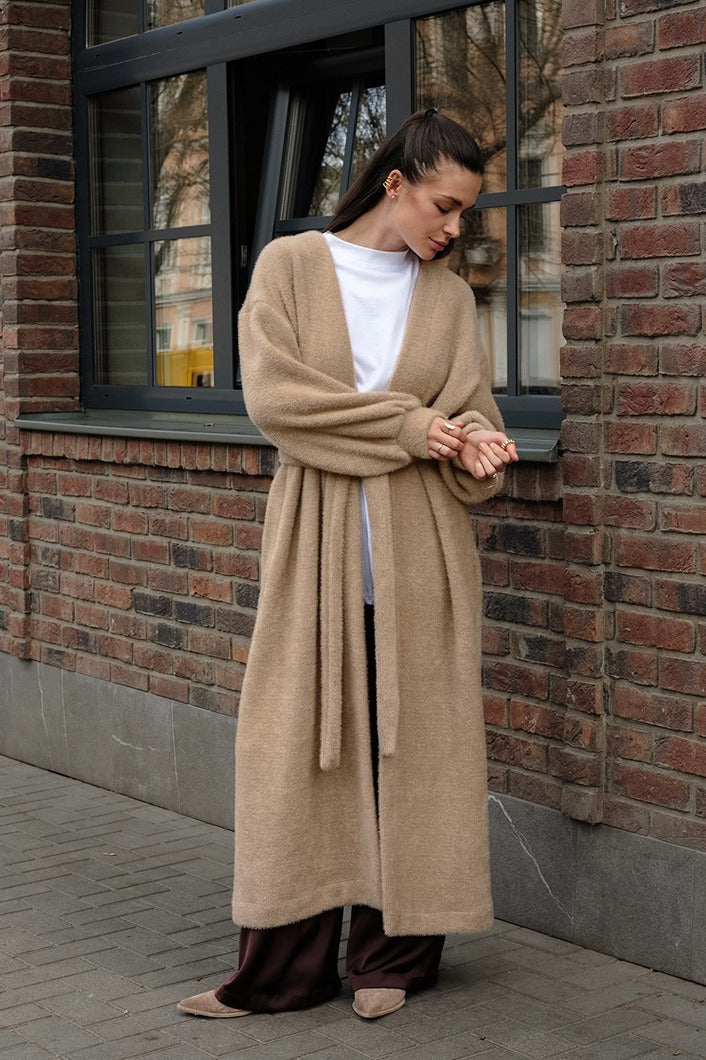 Chenille V Neck Belted Coat