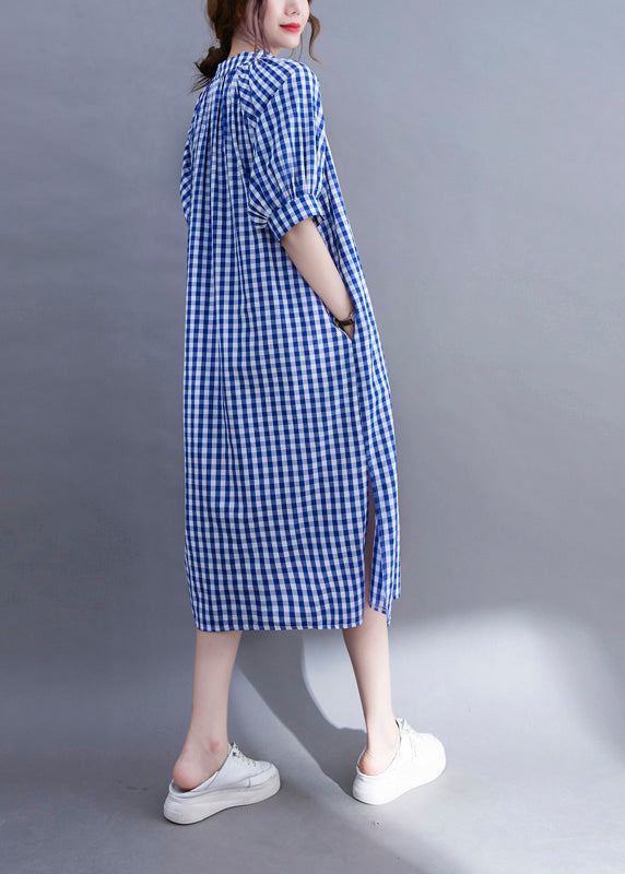 Gingham Check Mandarin Collar V-Neck Half Sleeve A-Line Midi Dress - View 5