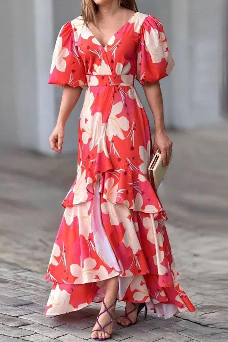 Floral Print Deep V-Neck Puff Sleeve Belted A-Line Maxi Dress