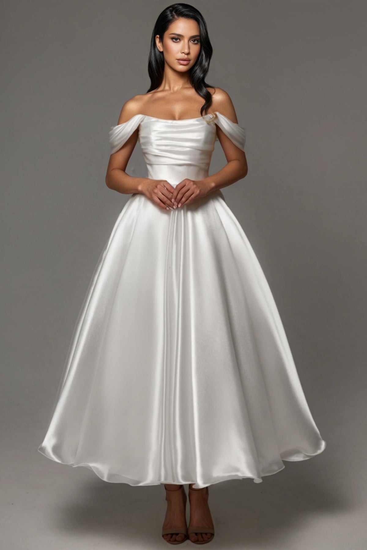 Satin Off Shoulder Ruched Bodice Tea Length A-Line Wedding Gown