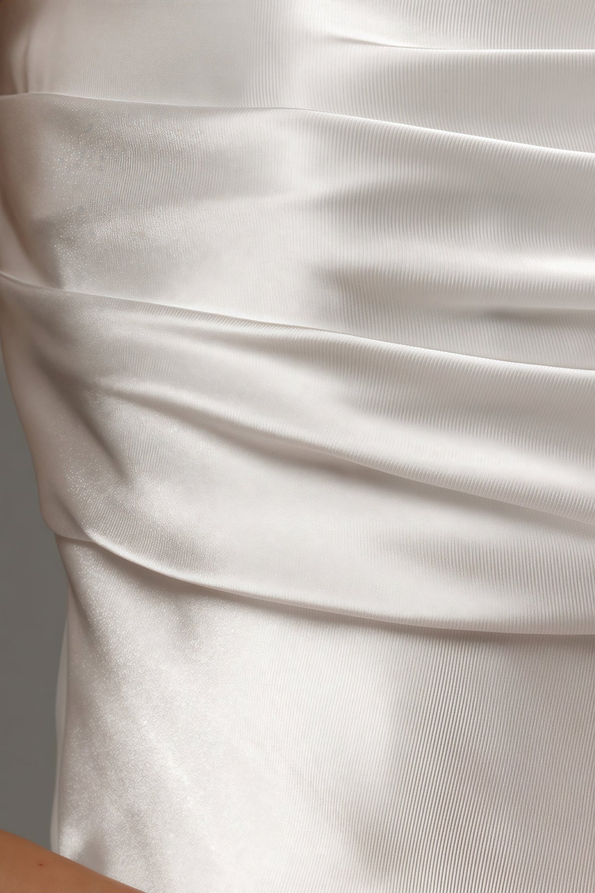 Satin Off Shoulder Ruched Bodice Tea Length A-Line Wedding Gown - View 6
