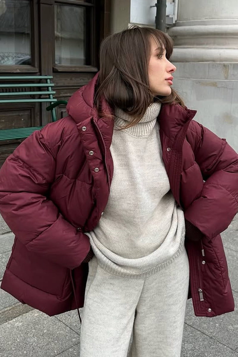 Wine Red Belted Hooded Puffer Coat - Fashionpara