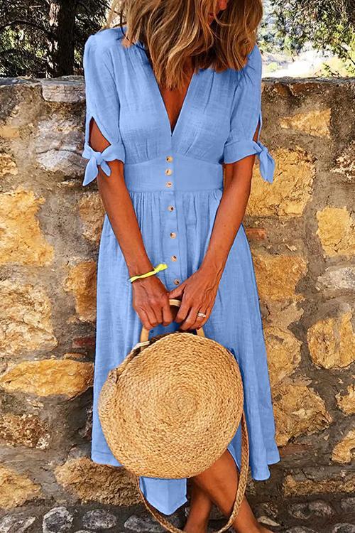 Deep V-Neck Puff Sleeve Tie Cuff Button Front A-Line Midi Dress - View 19